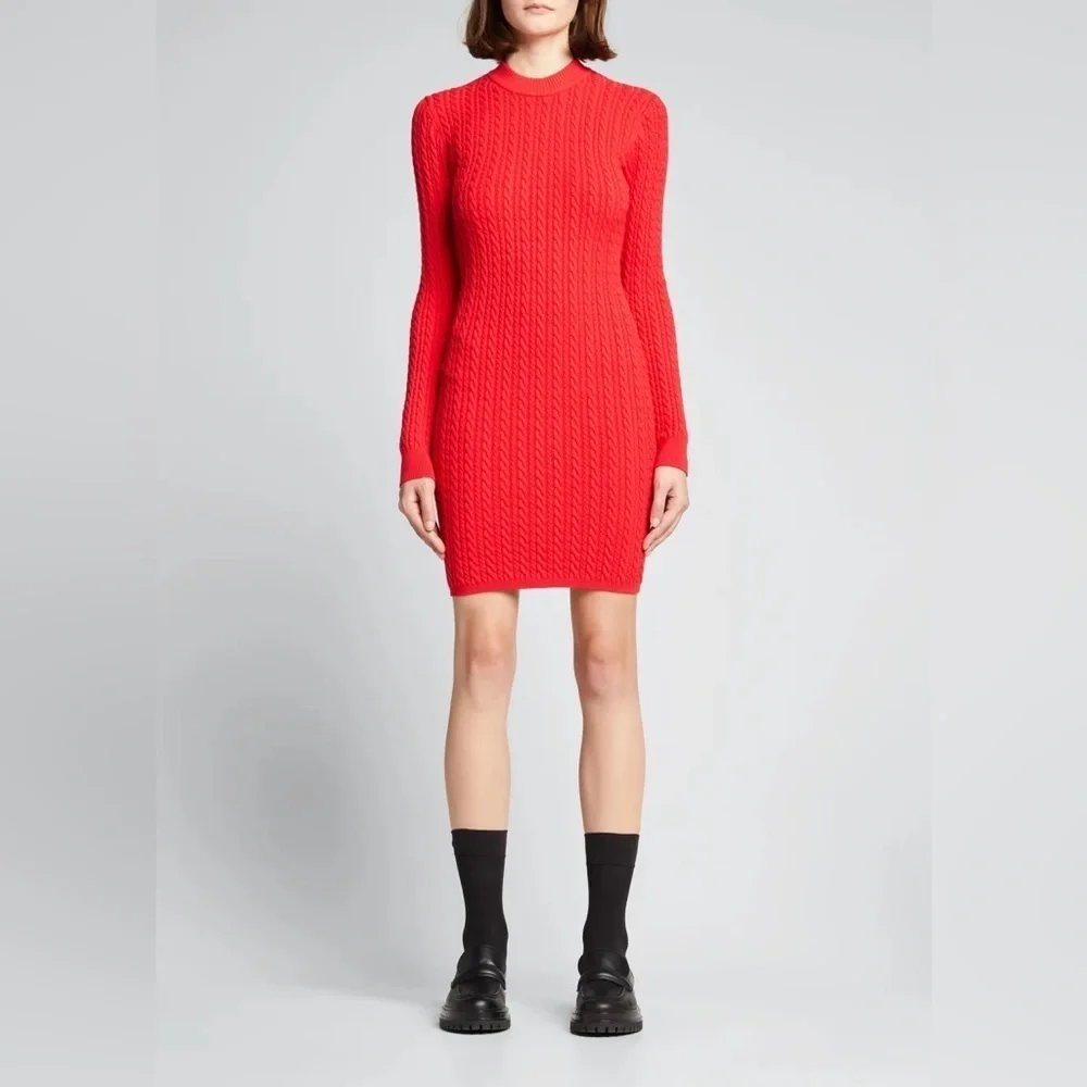 Alice + Olivia Yuna Cable Knit Mini Dress Bright Poppy Long Sleeve